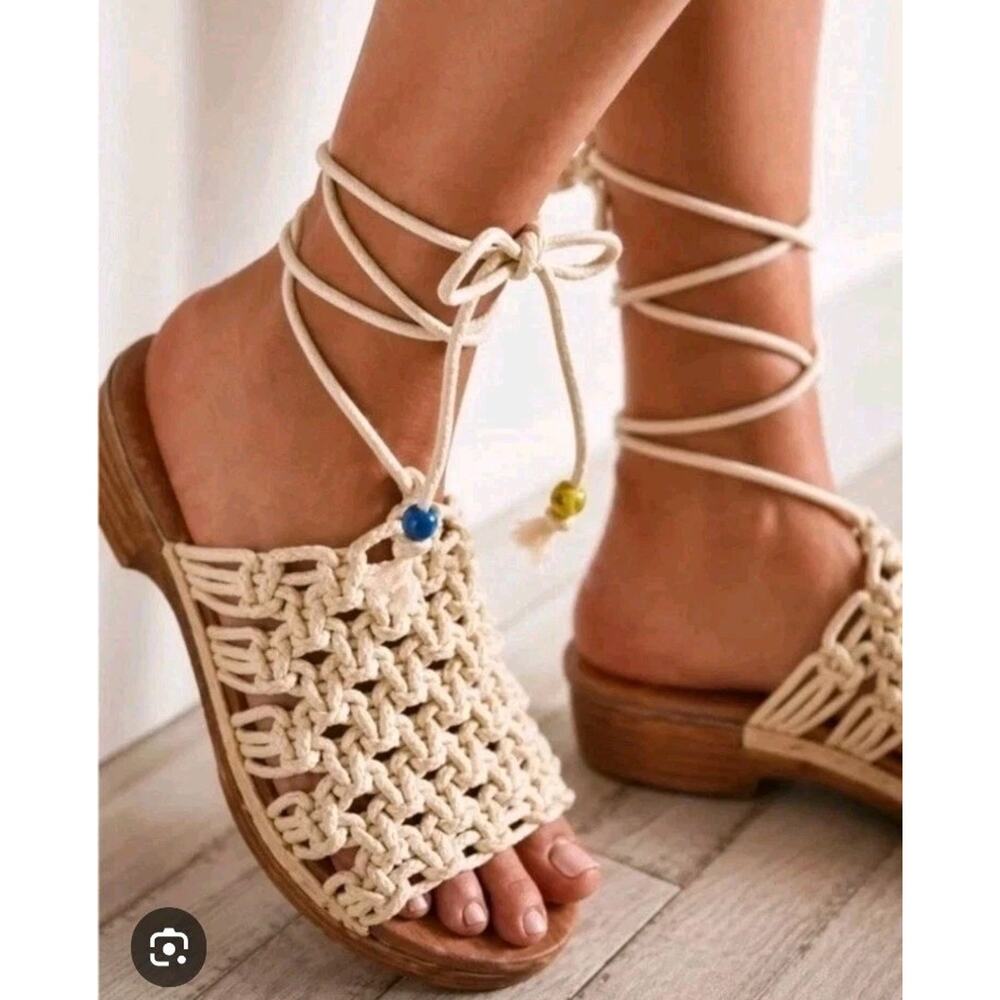 Free People Candy Crochet Wooden Clogs Cream Macrame Ankle Tie Boho Womens 38/8